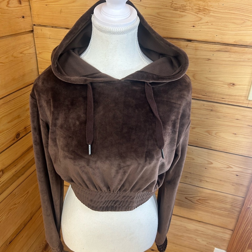 Vintage Chocolate Brown Velvet Cropped Hoodie Cotton Women Medium Forever 21